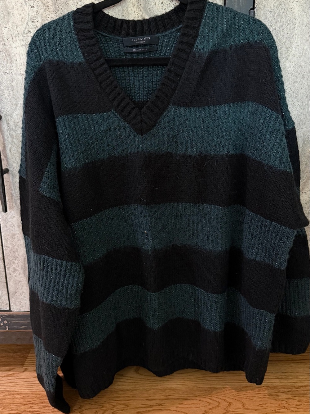 All Saints Black and Dark Green Wide-Stripe V-Neck Sweater